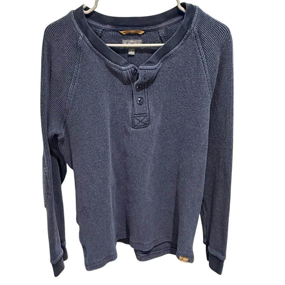 LL Bean Signature Henley Slim Fit Waffle Knit Thermal Elbow Patch Blue Mens L